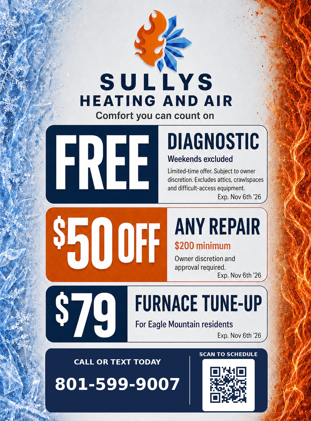 Sullys Heating and Air coupons for a free diagnostic, $50 off a qualifying repair, and a $79 furnace tune-up